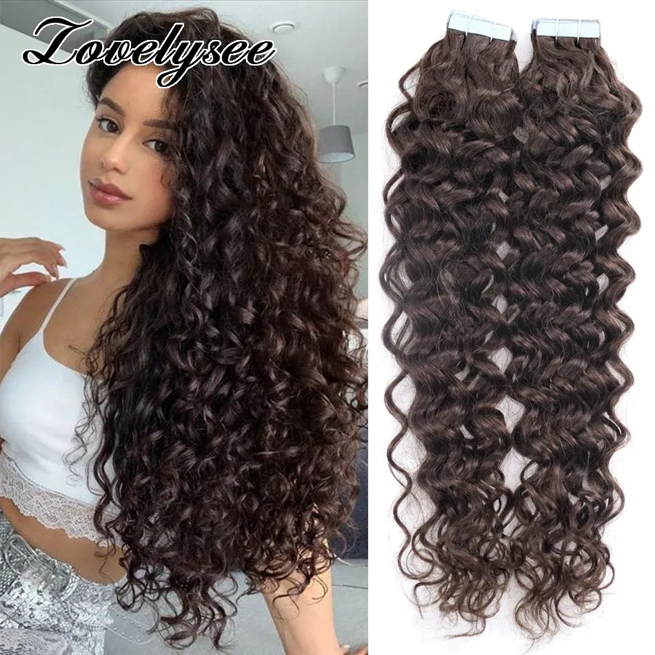 Color: #2, Length: 22 inches, Items per Package: 40 pcs - Water Wave Tape in Human Hair Extensions 2g/pcs Dark Brown Real Human Hair Adhesive Invisible Keratin Hair Extensions for Women