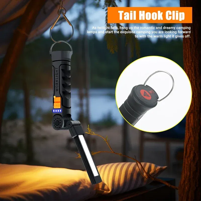 Emitting Color: Blue - Portable COB LED Flashlight USB Rechargeable Work Light Magnetic Lanterna Hanging Lamp with Built-in Battery Camping Torch