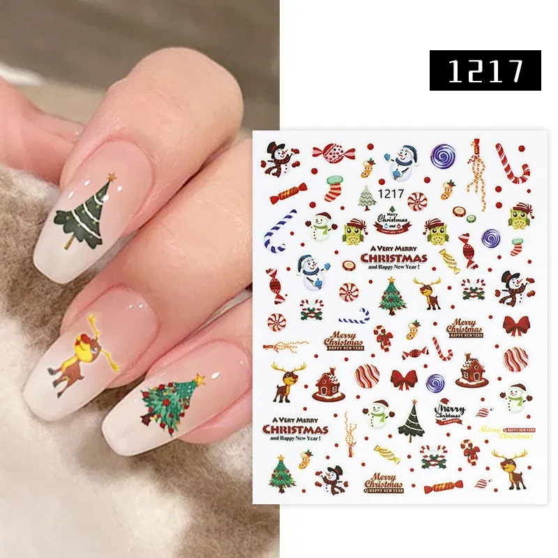 Color: Fuchsia - 1Pc Christmas Stickers Santa Claus Snowflake Decals Catoon Image Muti- Pattern New Year Halloween Nail Art Stickers for Manicure