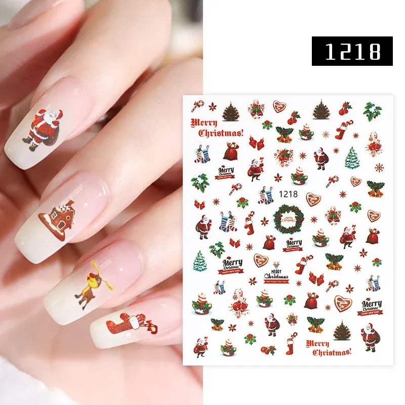 Color: Fuchsia - 1Pc Christmas Stickers Santa Claus Snowflake Decals Catoon Image Muti- Pattern New Year Halloween Nail Art Stickers for Manicure