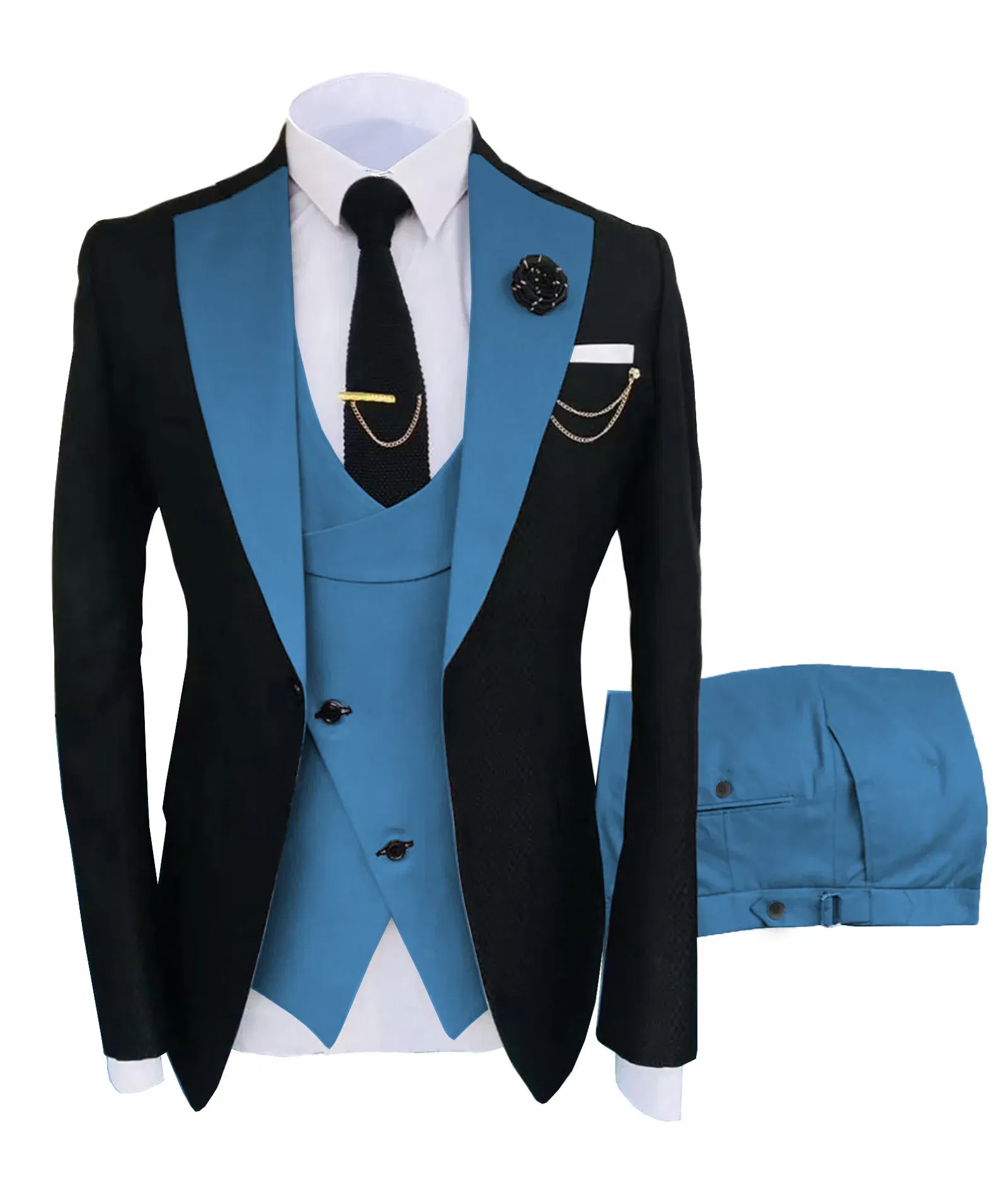 Color: Blue, Size: S - New Costume Homme Popular Clothing Luxury Party Stage Men's Suit Groomsmen Regular Fit Tuxedo 3 Peice Set Jacket+Trousers+Vest