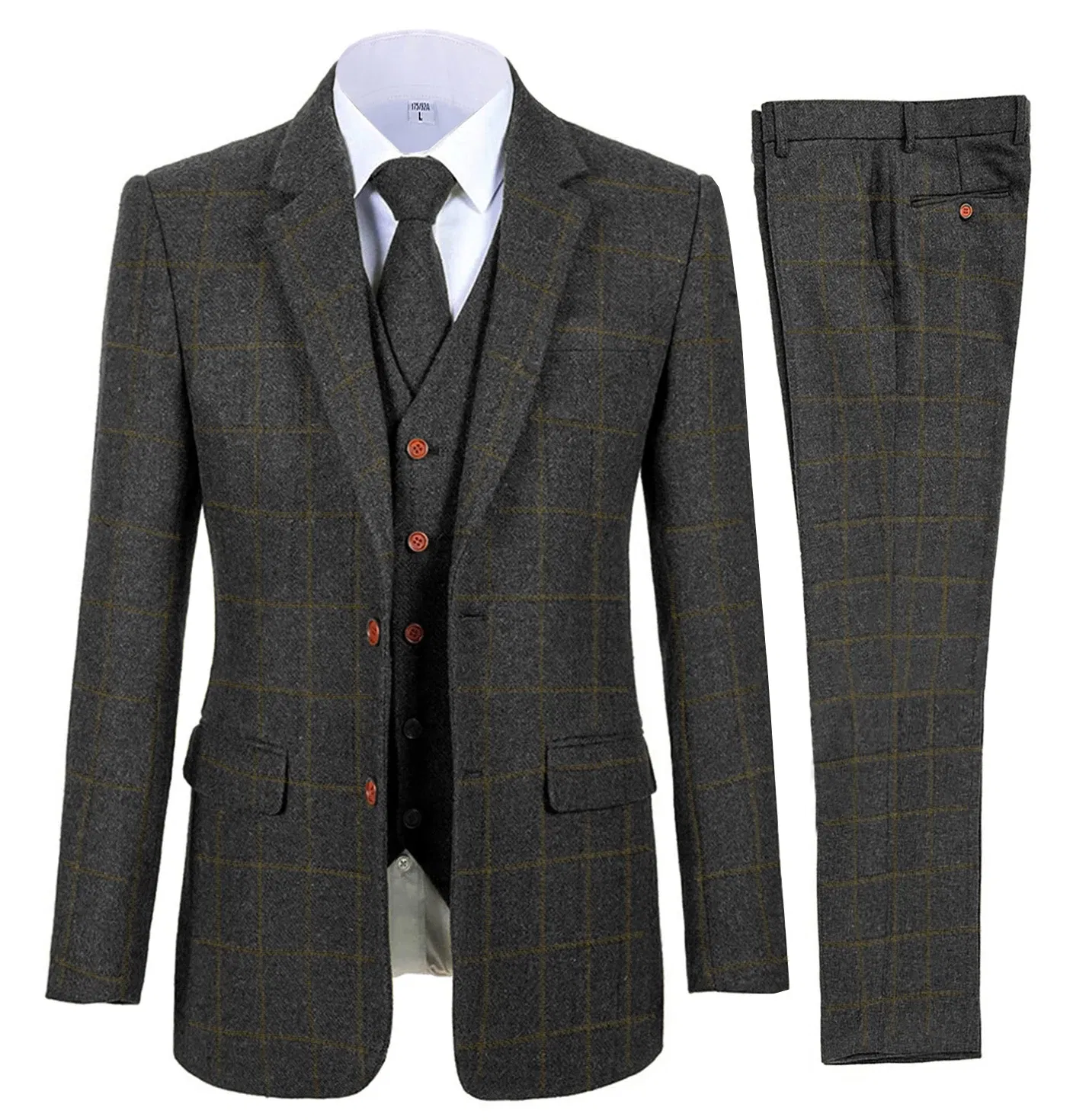 Color: black, Size: One Size - Brown Men Suits Plaid Tweed Suits for Man Three Pieces Vintage Lapel Tuxedos Groomsmen Winter Wedding Suit(Blazer+Vest+Pants)