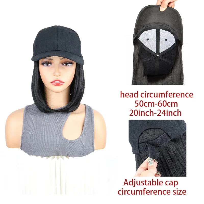 Color: Ivory - Synthetic Short Straight Bobo Hat Wigs Baseball Cap Adjustable Black Brown Hairpiece for Women