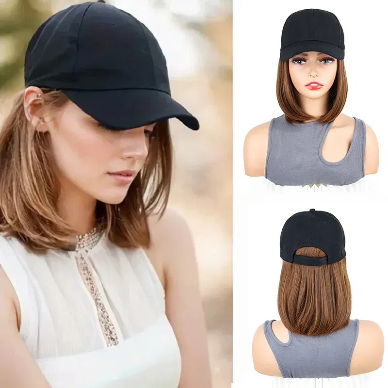 Color: Ivory - Synthetic Short Straight Bobo Hat Wigs Baseball Cap Adjustable Black Brown Hairpiece for Women