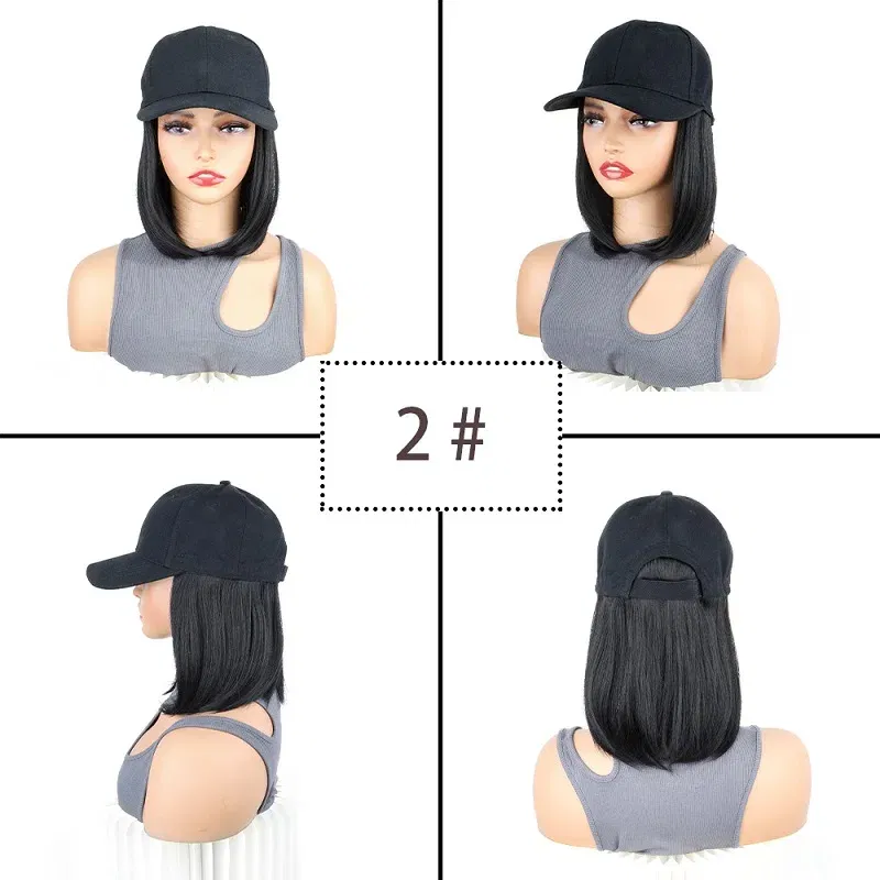 Color: Ivory - Synthetic Short Straight Bobo Hat Wigs Baseball Cap Adjustable Black Brown Hairpiece for Women