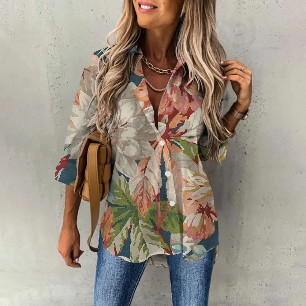 Color: Gold, Size: M - Ladies Long Sleeved Shirt Vacation Style Coconut Tree 3D Digital Printed Button Up Collar Loose Casual Ladies Blouse 2024 Autumn