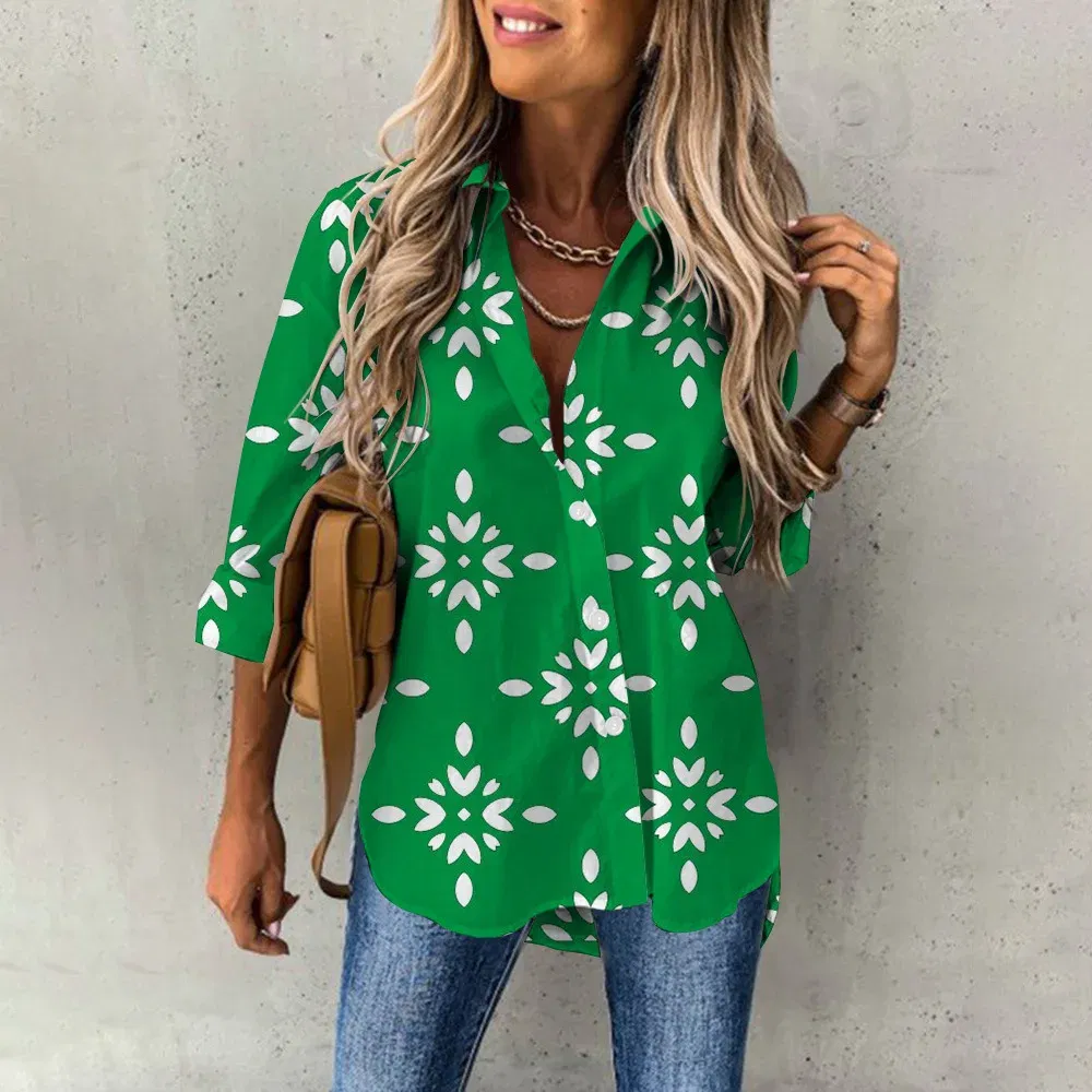 Color: Gold, Size: M - Ladies Long Sleeved Shirt Vacation Style Coconut Tree 3D Digital Printed Button Up Collar Loose Casual Ladies Blouse 2024 Autumn