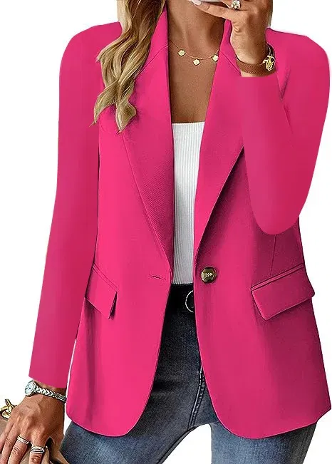 Color: Rose Red, Size: S - Womens Spring Winter Down Full Long Sleeve Coat Autumn Blazer Button Outwear Suit Cardigan Female