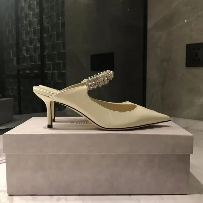 Color: green, Shoe Size: 41, Ships From: CHINA - Elegant Leather Mules Pointed Toe Stylish Rhinestone Embellished High Heel Sandals Sophisticated Party Evening Shoes Footwear