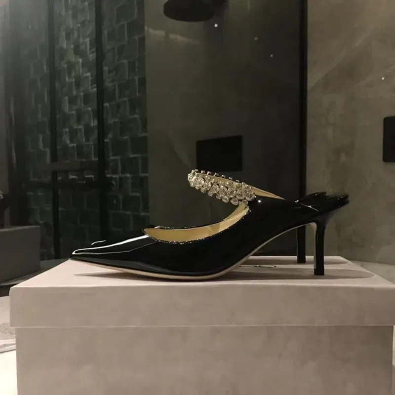 Color: green, Shoe Size: 41, Ships From: CHINA - Elegant Leather Mules Pointed Toe Stylish Rhinestone Embellished High Heel Sandals Sophisticated Party Evening Shoes Footwear