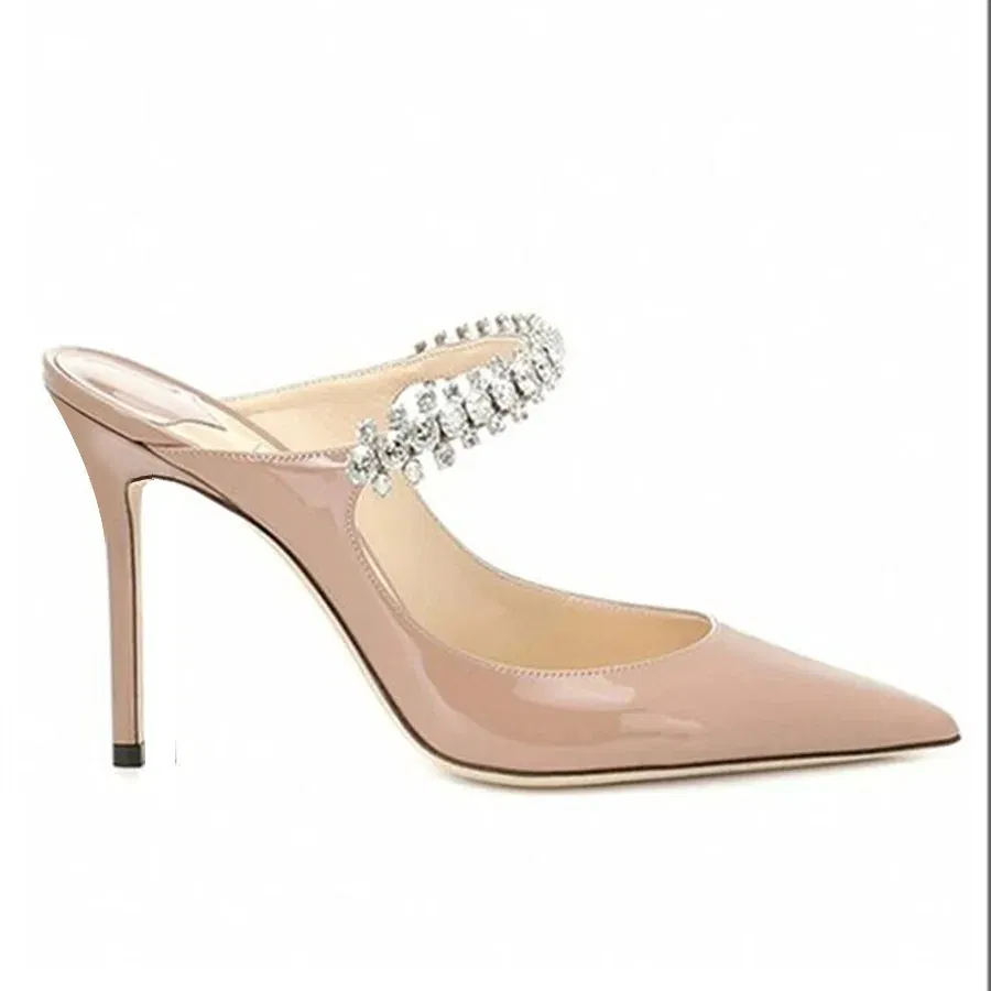 Color: green, Shoe Size: 41, Ships From: CHINA - Elegant Leather Mules Pointed Toe Stylish Rhinestone Embellished High Heel Sandals Sophisticated Party Evening Shoes Footwear