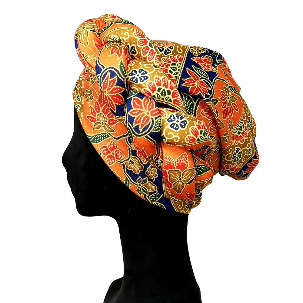 Color: Black - African Headtie Bonnet Hat Turban for Women Muslim Head Wrap Nigerian Scarf Braid Hijab Femme Chemo Caps Cover