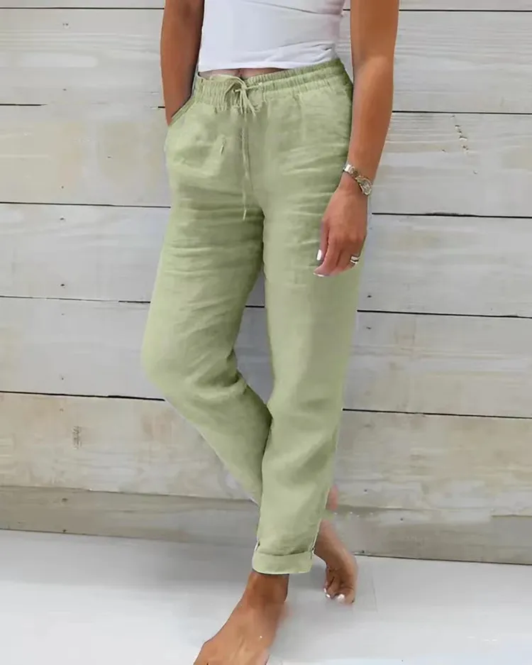 Color: green, Size: S - Cotton Linen Summer Pants for Women High Waist Elastic Casual Trousers Streetwear Solid Female Clothes 2024 Loose Pencil Pants