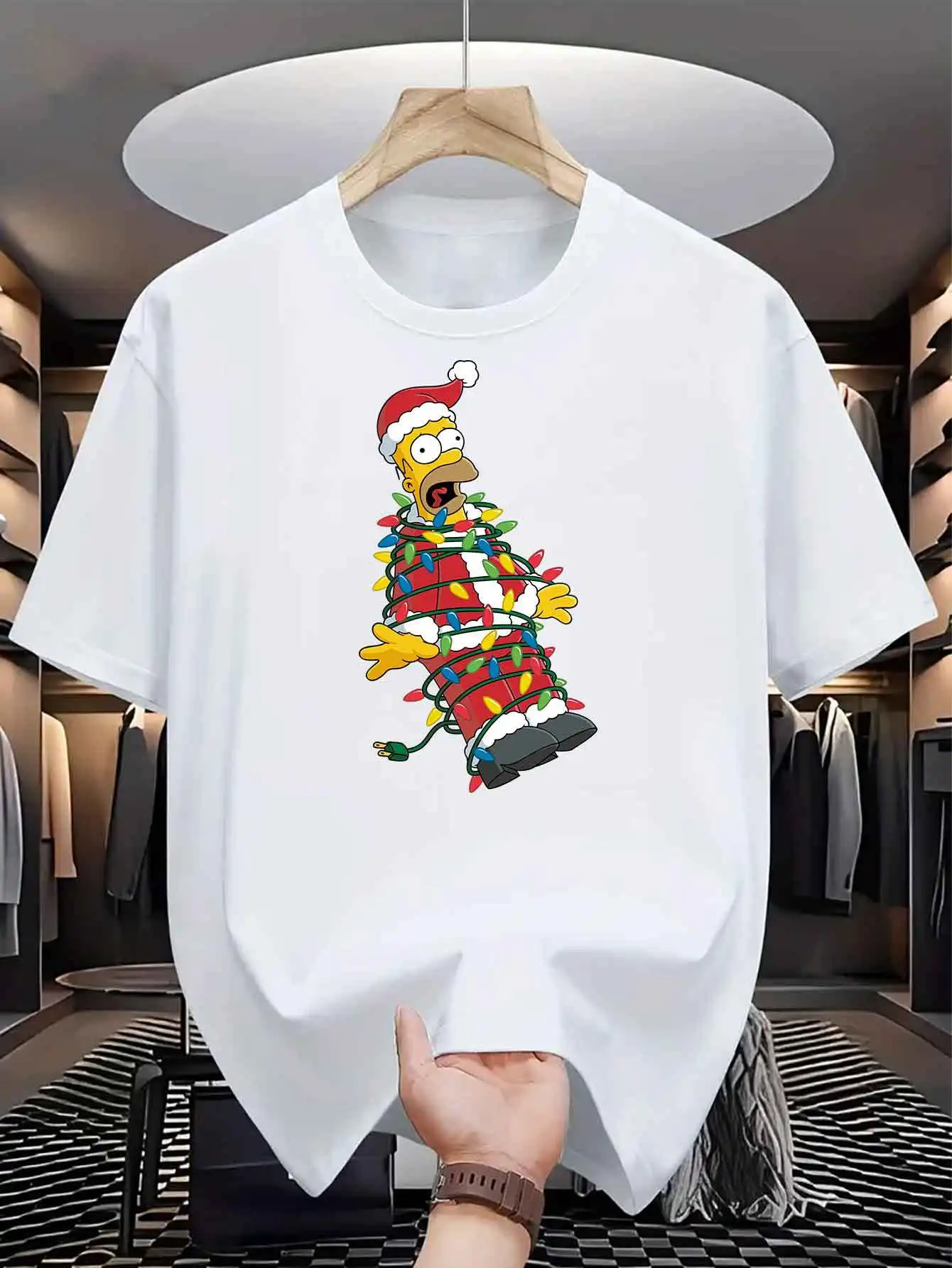 Size: XL, Color: Champagne - Disney Homer Simpson & Bart'S Christmas Men T-Shirt Print Summer Cotton Women Tee Streetwear Casual Oversize Short Sleeve O-Neck