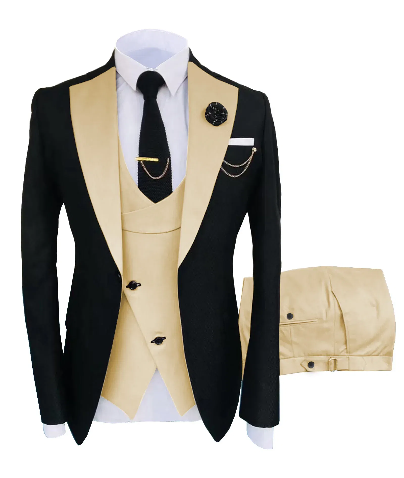 Color: Champagne, Size: One Size - New Costume Homme Popular Clothing Luxury Party Stage Men's Suit Groomsmen Regular Fit Tuxedo 3 Peice Set Jacket+Trousers+Vest