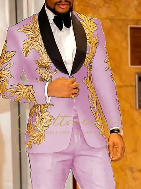 Color: Pink, Size: 4XL - Luxury Groom Wedding Tuxedos Gold Sequins Appliques Black Men Suits Slim Fit Costume Homme Marriage Prom Suits