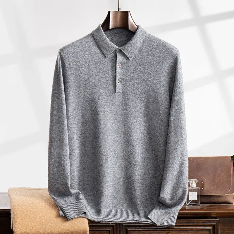 Color: GRAY, Size: XXL - High Quality Men's 100% Cashmere POLO Collar Pullover Soft Elastic Autumn Winter Business Casual Solid Color Knitted Sweater
