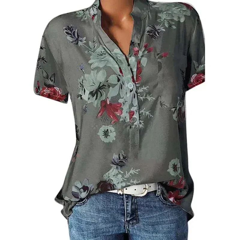 Color: green, Size: XXL - Temperament new women's shirt printing large size casual shirt loose V-neck short-sleeved shirt blouse