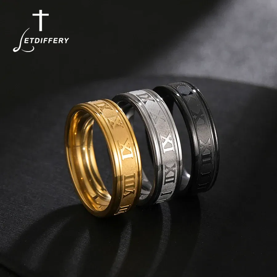Main Stone Color: Black, Ring Size: 10.25 - Letdiffery 6mm Punk Roman Numerals Rings High Quality Stainless Steel Women Men Jewelry For Wholesale Dropshipping