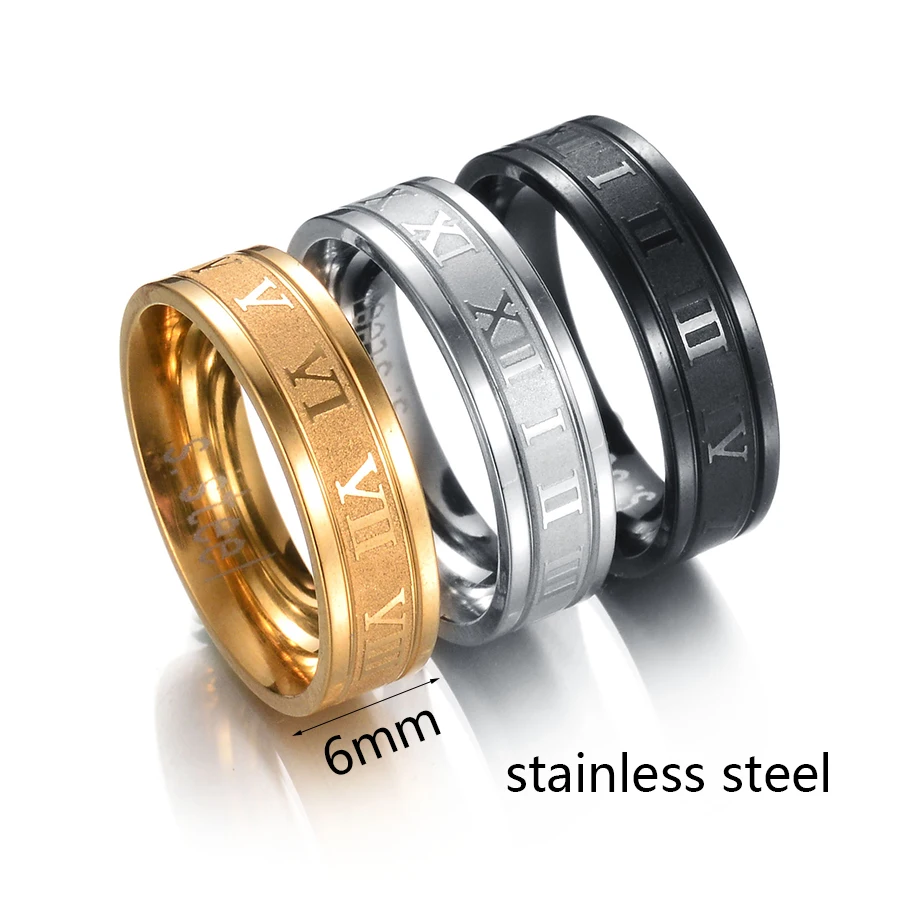 Main Stone Color: Black, Ring Size: 10.25 - Letdiffery 6mm Punk Roman Numerals Rings High Quality Stainless Steel Women Men Jewelry For Wholesale Dropshipping