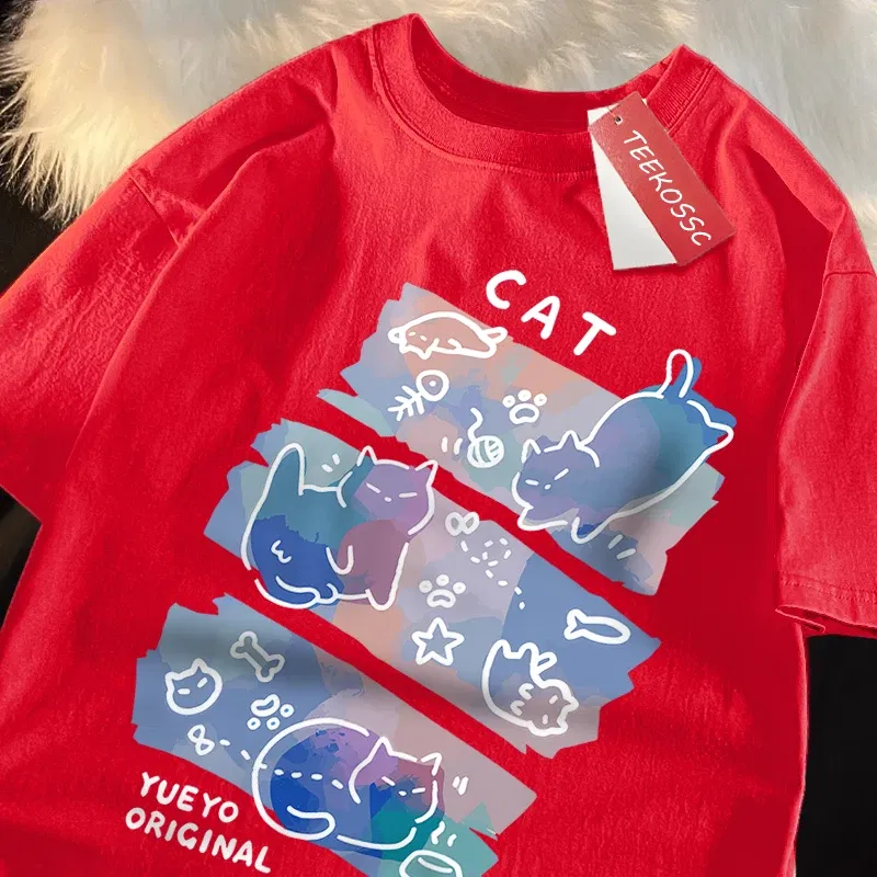 Color: Gold, Size: XXL - Fun Mischievous Cat Print Japanese Style T-Shirts Men Women Fashion Tshirs Breathable Summer T-Shirts Cotton Loose Tee Clothes