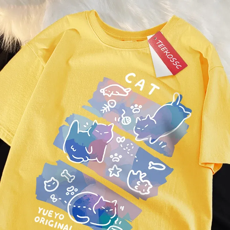 Color: Gold, Size: XXL - Fun Mischievous Cat Print Japanese Style T-Shirts Men Women Fashion Tshirs Breathable Summer T-Shirts Cotton Loose Tee Clothes