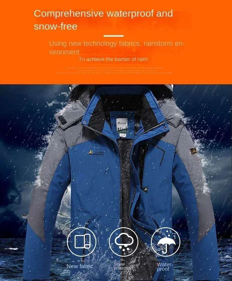Color: SKY BLUE, Size: 6XL - Autumn Winter Men's Windbreaker Waterproof and Warm Outdoor Hiking and Fishing Multi Pocket Wear-resistant Thick Jacket Men Coat