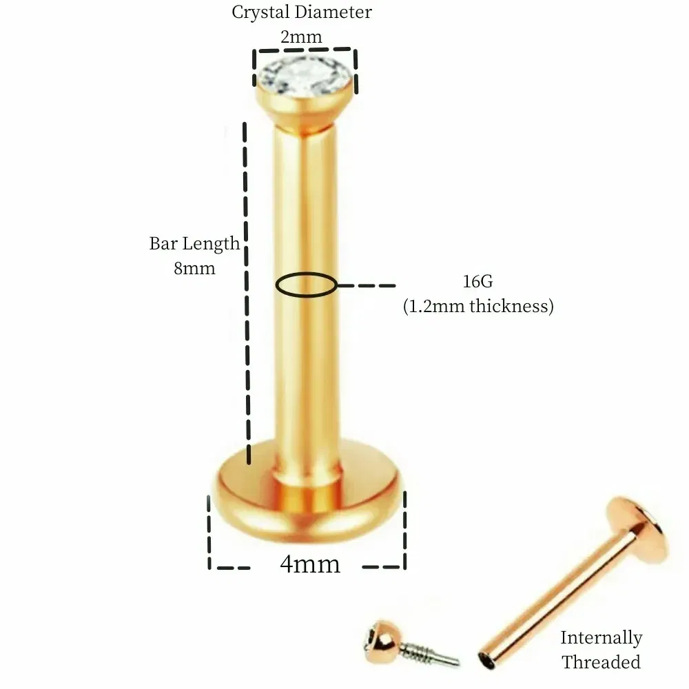 Metal color: Antique Copper Plated - 2X 16g 1.2mm Crystal Steel -Gold- Labret Ring Bar Ear Cartilage Tragus Monroe Lip Nose Stud Internally Threaded Piercing