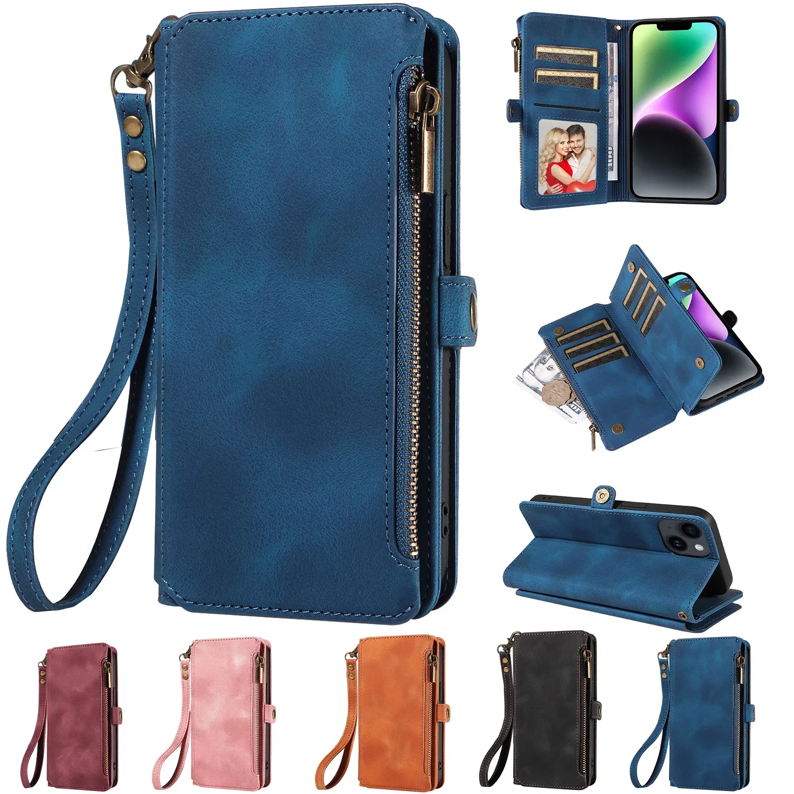 Color: black, Material: ABS - Zipper Multi 9 Cards Wallet Case for OPPO Reno 12 10 8 7 6 5 Pro 11F 11A 8T 6Z 5Z Retro Leather Lanyard Wrist Strap Phone Cover