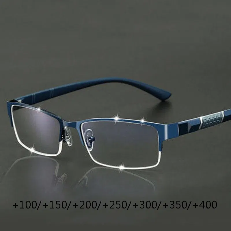Frame Color: Pinkish Grey, Eye Prescription: +150 - Metal Anti-blue Light Reading Glasses Farsighted Eyeglasses Men Business Eyewear Diopter 0 +1.0 +1.5 +2.0 +2.5 +3.0 +3.5 +4.0