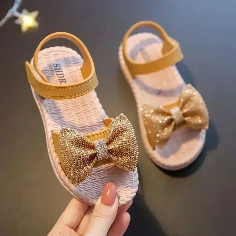 Color: SKY BLUE, Shoe Size: 1 - Girls Sandals 2024 Summer Princess Children Sandals Bow Tie Girl Shoes Fashion Casual Non Slip Kids Beach Shoes