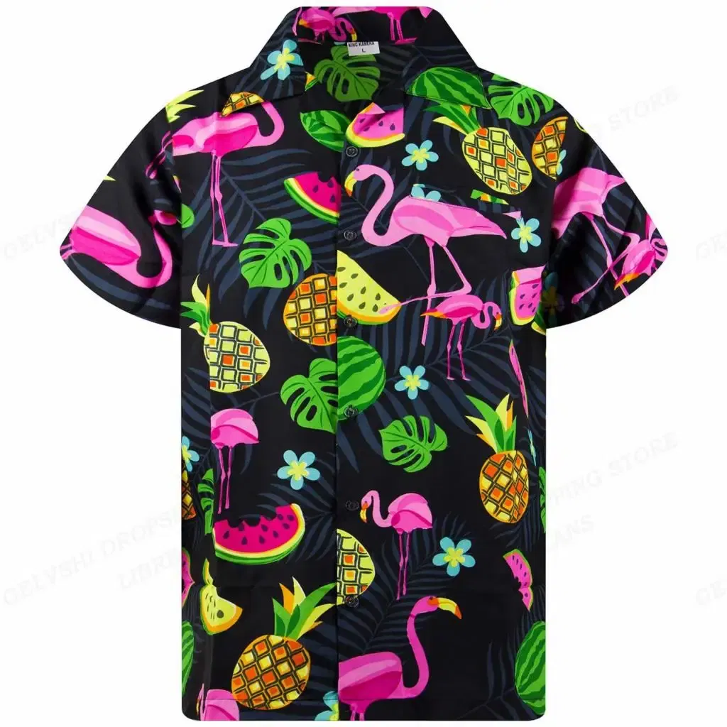 Color: Beige, Size: M - Flamingo Hawaiian Shirts Beach Summer Men's Shirt Tropic Leaf 3D Print Shirts Men Women Fashion Blouse Short Sleeve Vocation