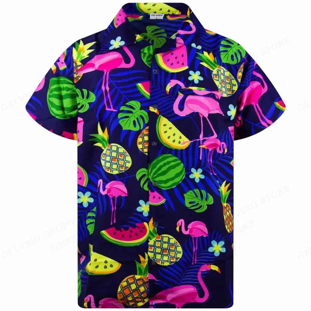 Color: Beige, Size: M - Flamingo Hawaiian Shirts Beach Summer Men's Shirt Tropic Leaf 3D Print Shirts Men Women Fashion Blouse Short Sleeve Vocation