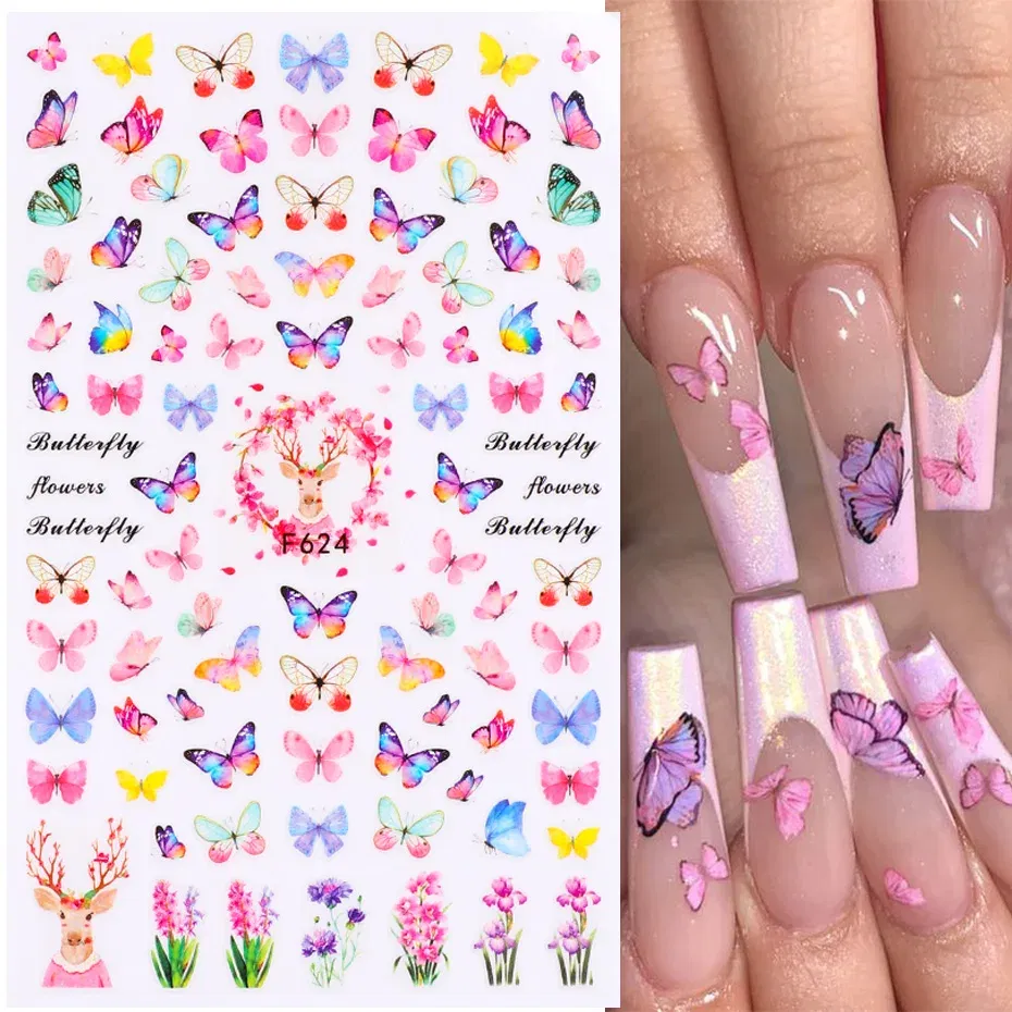 Color: VIOLET - 3D Blue Butterfly Adhesive Stickers Nail Art Decoration Laser Flowers Leaves Nail Sticker Nail Art Supplies Nail Parts