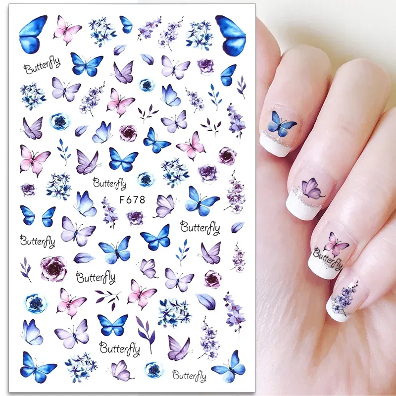 Color: VIOLET - 3D Blue Butterfly Adhesive Stickers Nail Art Decoration Laser Flowers Leaves Nail Sticker Nail Art Supplies Nail Parts