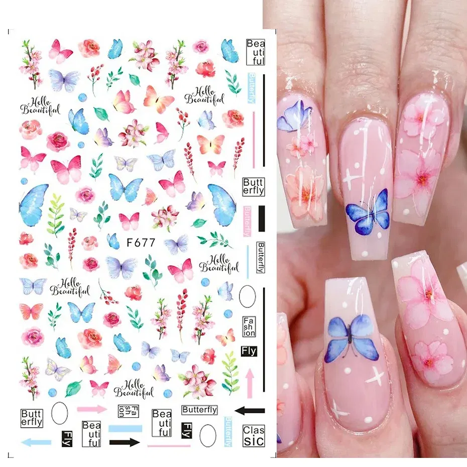 Color: VIOLET - 3D Blue Butterfly Adhesive Stickers Nail Art Decoration Laser Flowers Leaves Nail Sticker Nail Art Supplies Nail Parts