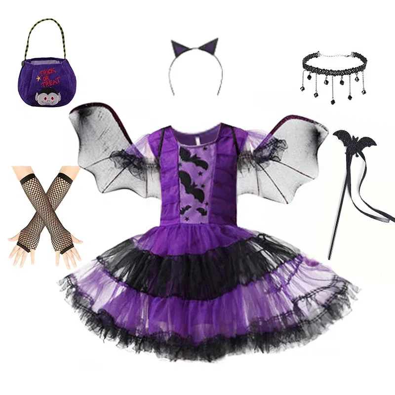 Kid Size: 17, Color: green - Halloween Children Purple Vampire Costume Girls Dress Kids Clothes Baby Bat Spider Party Cosplay Headband +Wing Outfit