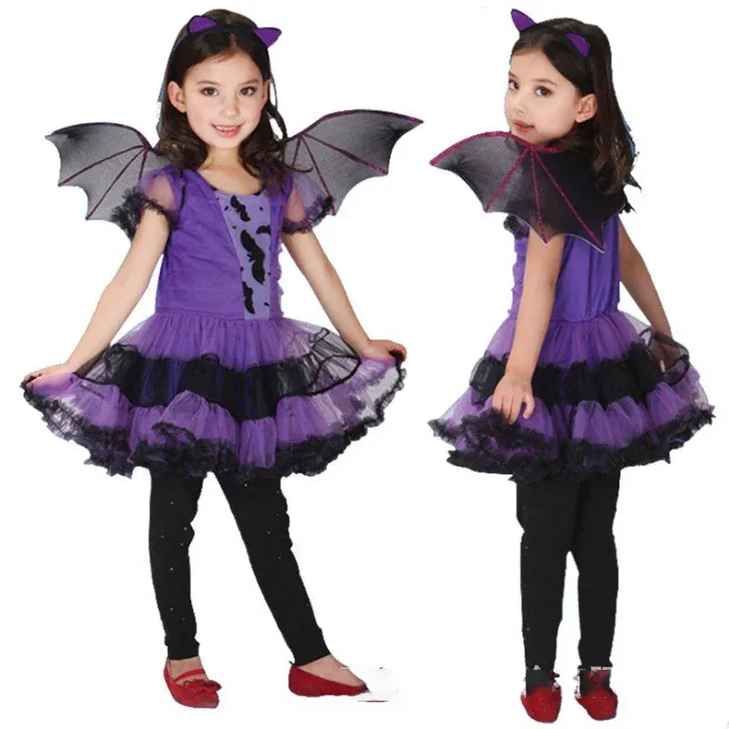 Kid Size: 17, Color: green - Halloween Children Purple Vampire Costume Girls Dress Kids Clothes Baby Bat Spider Party Cosplay Headband +Wing Outfit