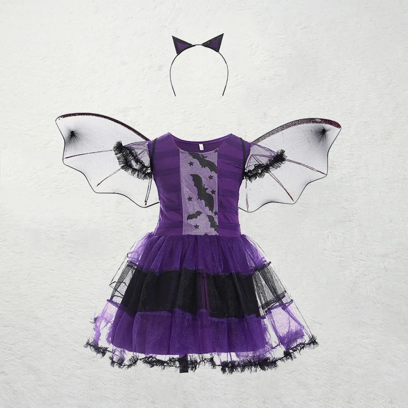 Kid Size: 17, Color: green - Halloween Children Purple Vampire Costume Girls Dress Kids Clothes Baby Bat Spider Party Cosplay Headband +Wing Outfit