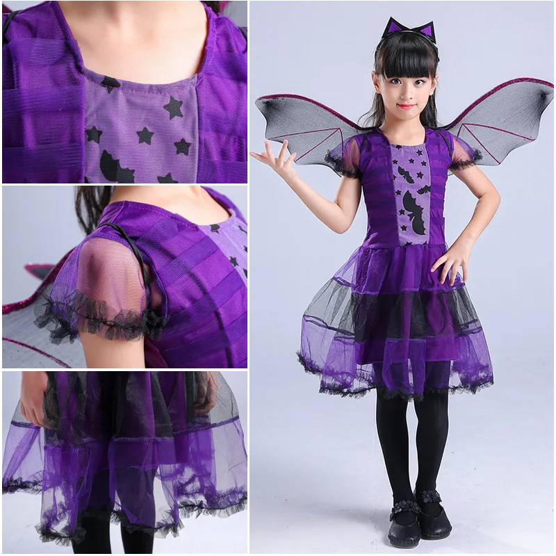 Kid Size: 17, Color: green - Halloween Children Purple Vampire Costume Girls Dress Kids Clothes Baby Bat Spider Party Cosplay Headband +Wing Outfit
