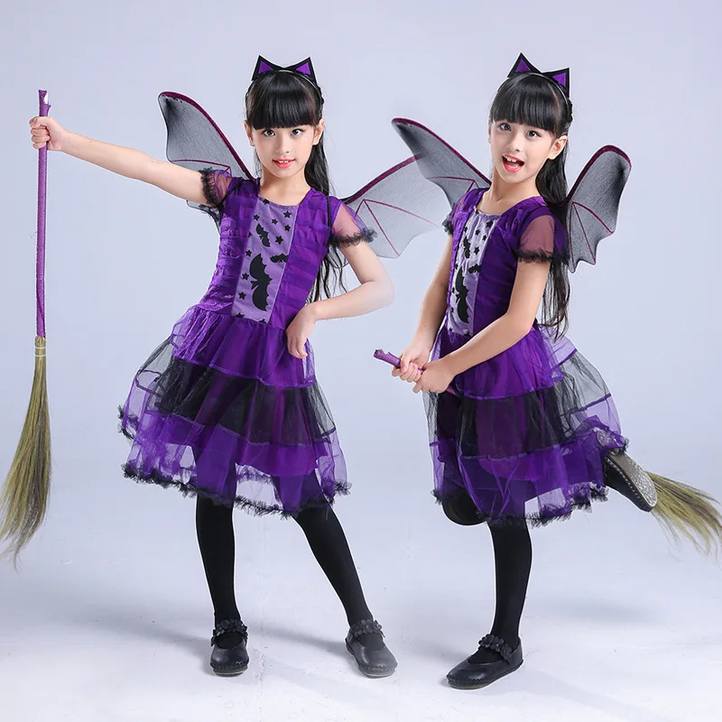 Kid Size: 17, Color: green - Halloween Children Purple Vampire Costume Girls Dress Kids Clothes Baby Bat Spider Party Cosplay Headband +Wing Outfit