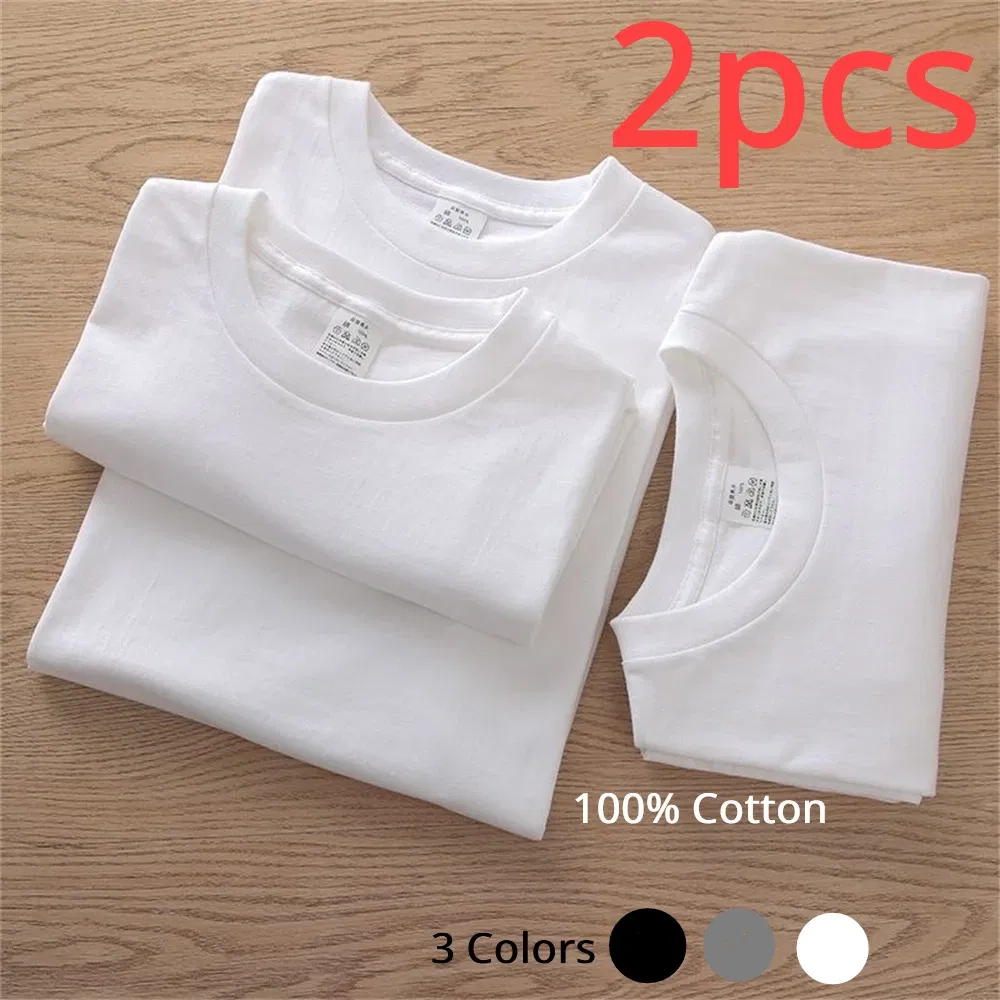 Color: WHITE, Size: 4XL, Sale by Pack: Pack of 2 - 2PCS 100% Cotton Solid T Shirts Men's and Women's Short Sleeve White Tees Casual Breathable Loose Round Neck T-shirt Couple Tops