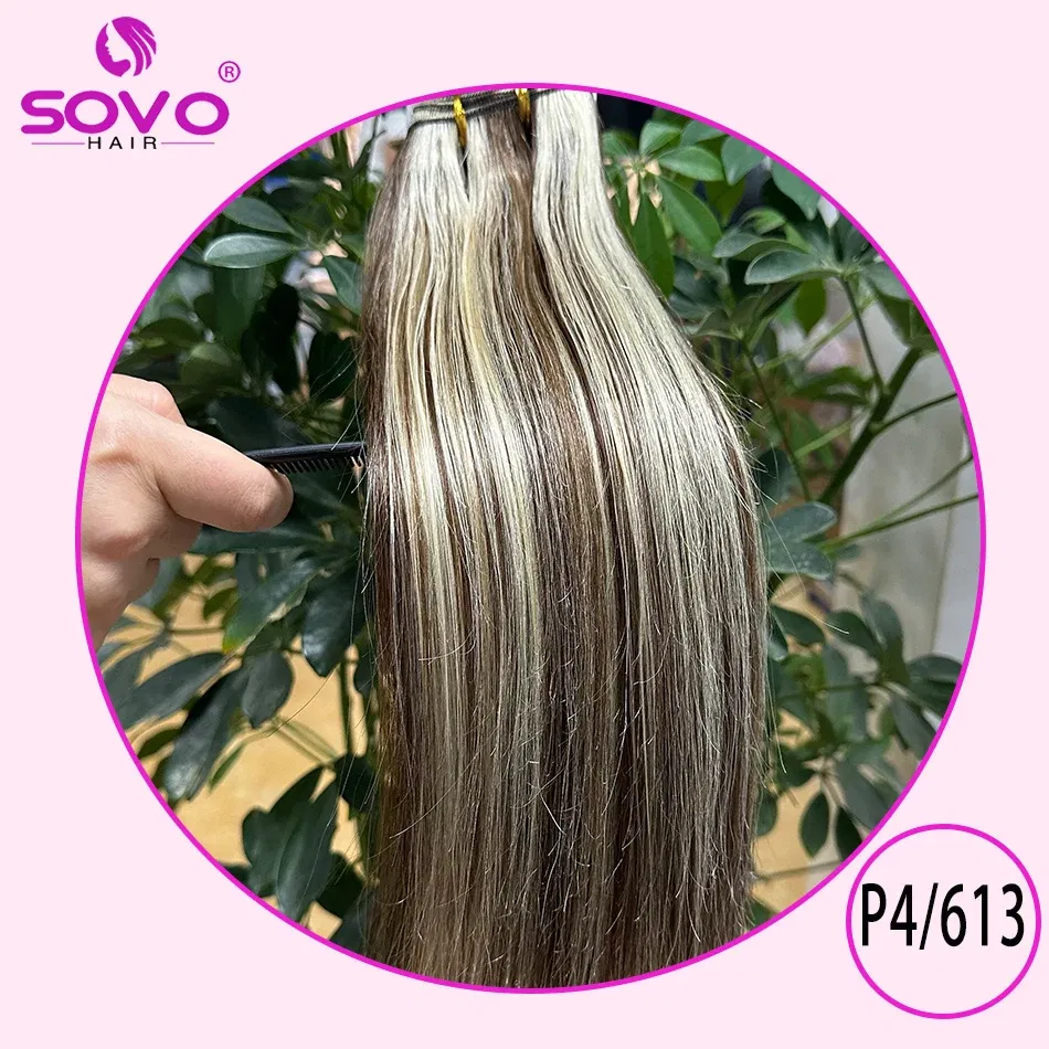 Color: P4/6/27, Length: 6inches - SOVO Clip In Hair Extensions Human Hair 3 Pieces Bone Straight Clip Ins Hair Extension 60-90G Real Natural European Hair 12-26"