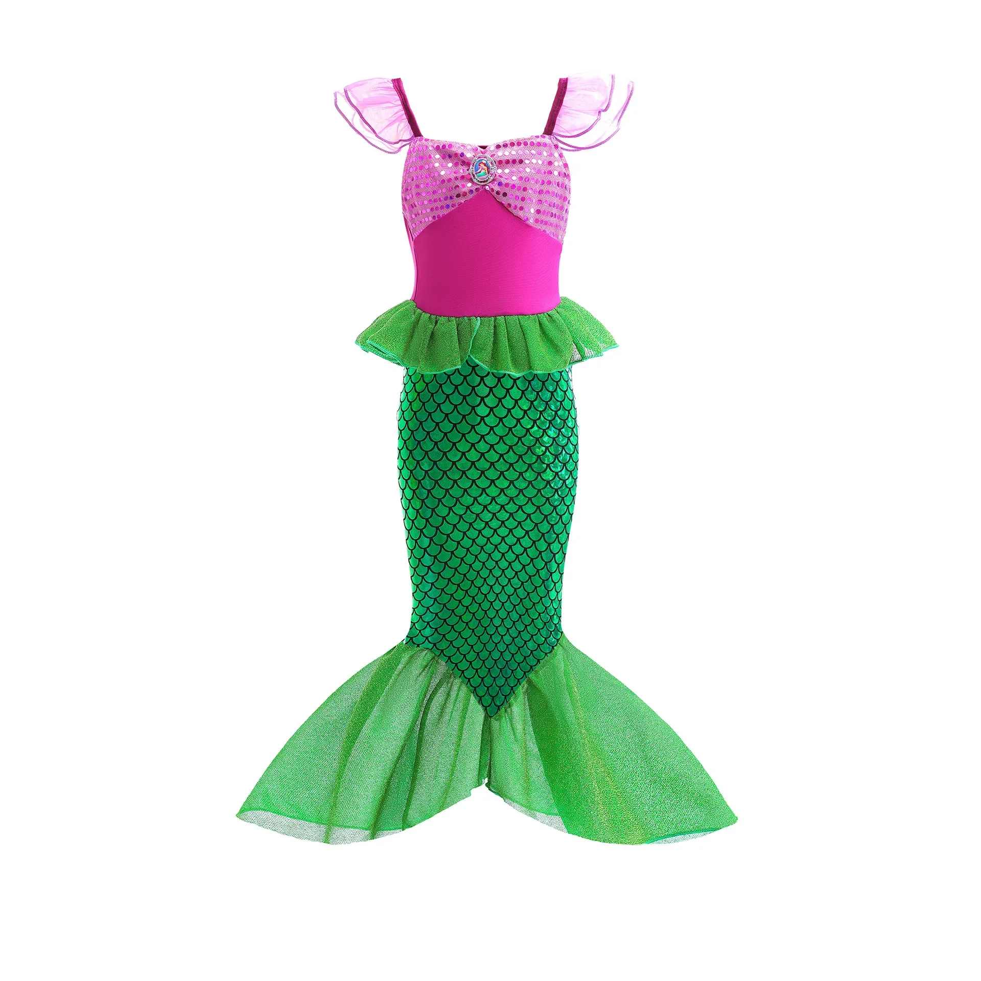 Color: Khaki, Kid Size: 4T - Disney Little Mermaid Ariel Costumes for Girls Princess Dress Cosplay Halloween Carnival Kids Birthday Party Dress Up Clothing