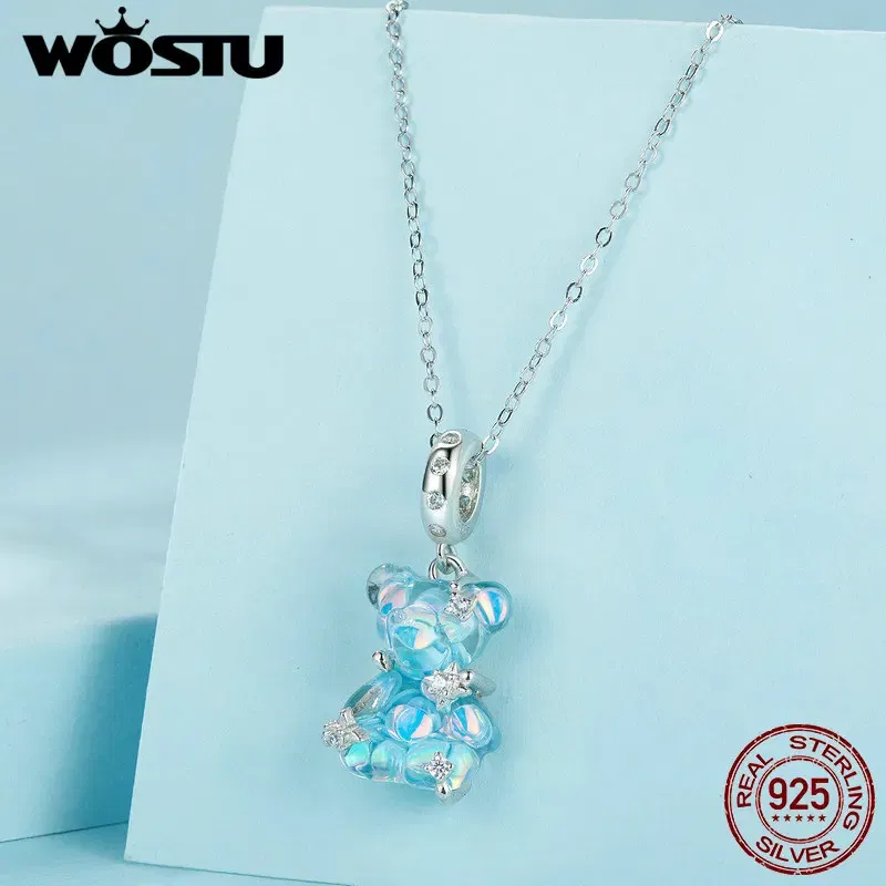 Gem Color: Red - WOSTU Real 925 Sterling Silver Princess Pink Bear Bead Blue Rose Red Bears Pendant Charms Fit Bracelet Neckalce DIY Bithday Gift