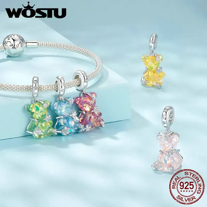 Gem Color: Red - WOSTU Real 925 Sterling Silver Princess Pink Bear Bead Blue Rose Red Bears Pendant Charms Fit Bracelet Neckalce DIY Bithday Gift