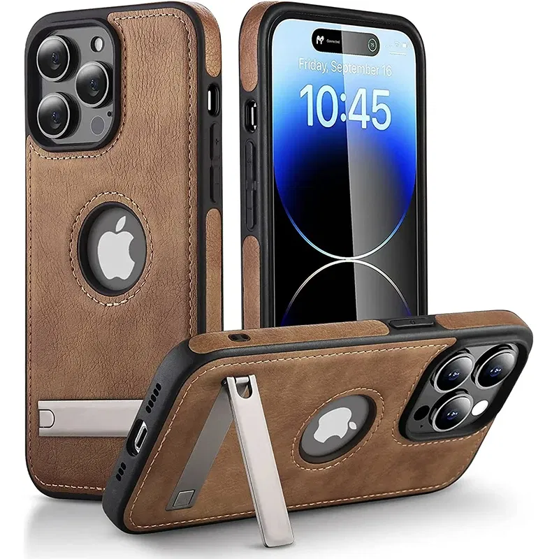 Color: Beige, Material: EVA - PU Leather Kickstand Phone Cases for iPhone 15 Pro Max 14 Plus 11 13 12 Mini Mobile Case with Holder Luxury Slim Shell Cover