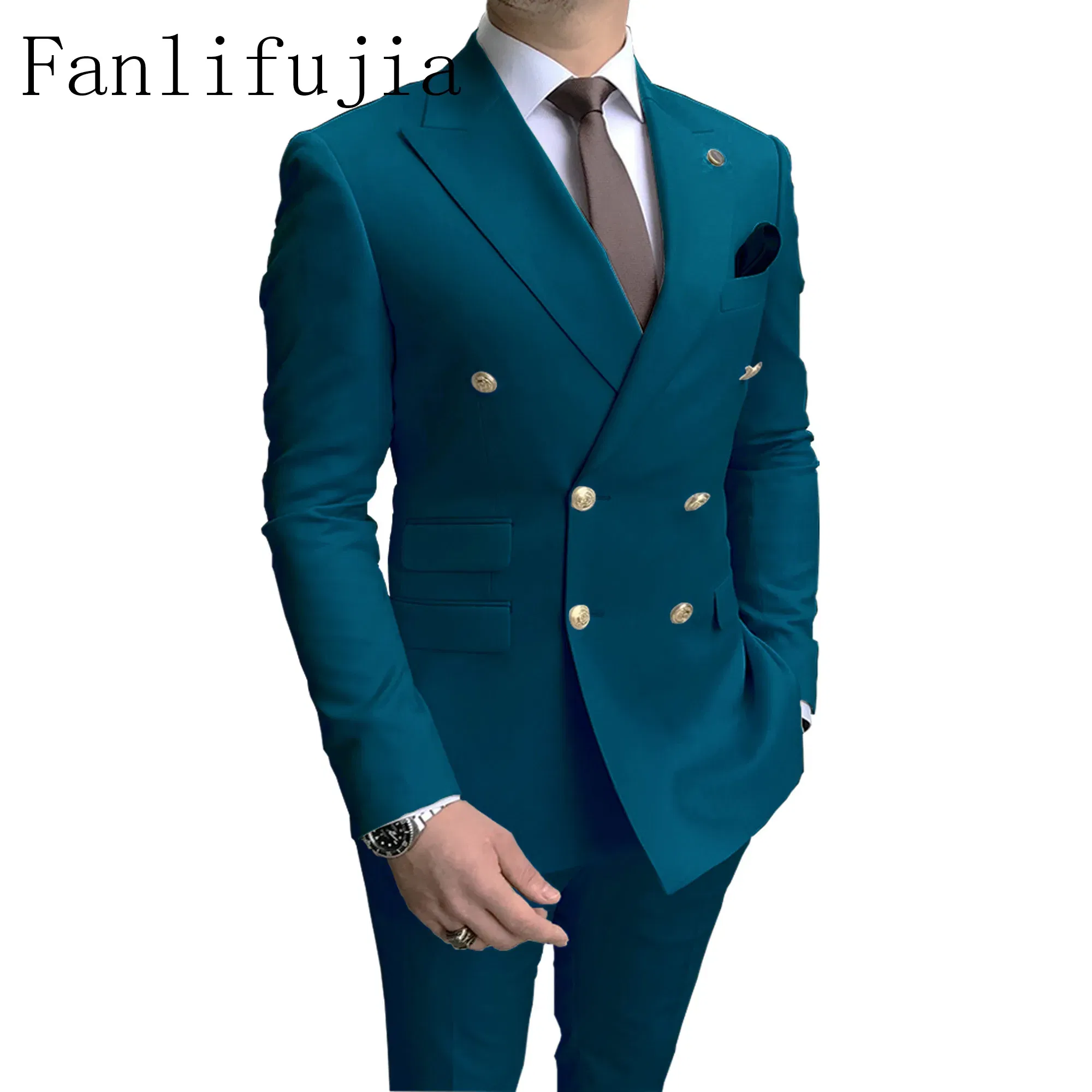 Color: black, Size: XXL - Fanlifujia Store 2024 Casual Sky Blue Men Suits Double Brested Peak Lapel  Gold Button Groom Wedding Tuxedos Best Costume Homme