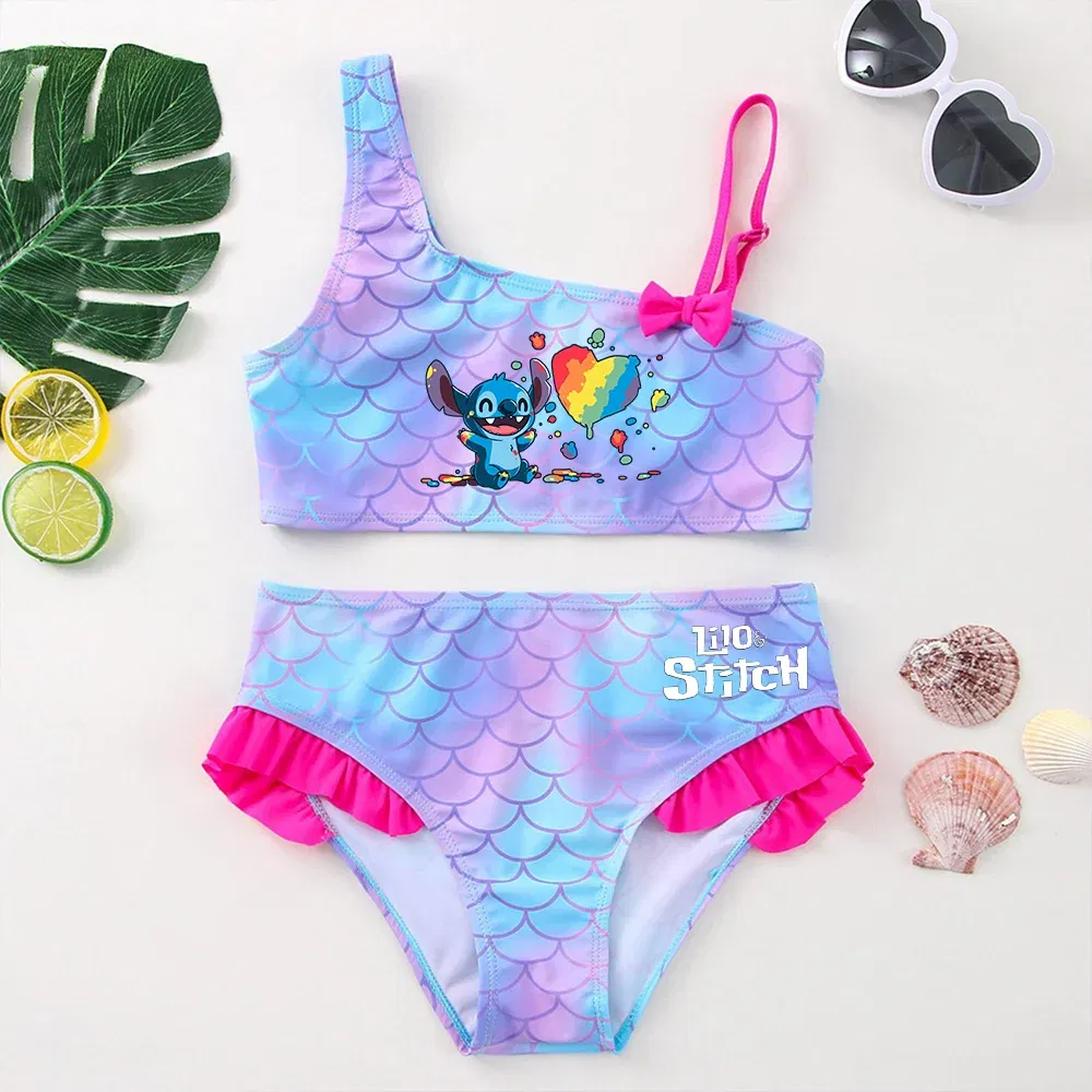 Color: Bright Yellow, Size: S - Lilo Stitch Girls Swimsuit One-Piece Bathing Suits Children's Dresses Summer Swimwear Beach Suit Kids Wear Fashion Mermaid Fish