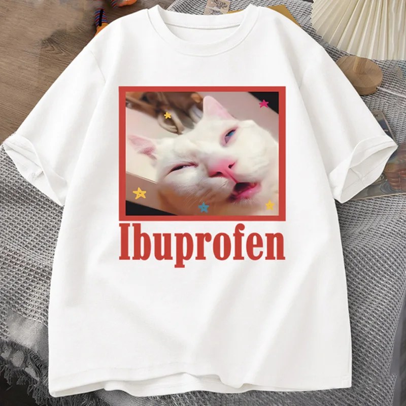 Color: Blue, Size: L - Ibuprofen Cat Meme Tshirt Funny Cat Graphic Tee Cute Cat Lover Cotton T-Shirt Casual Funny T Shirts Unisex Oversized Tshirt Tee